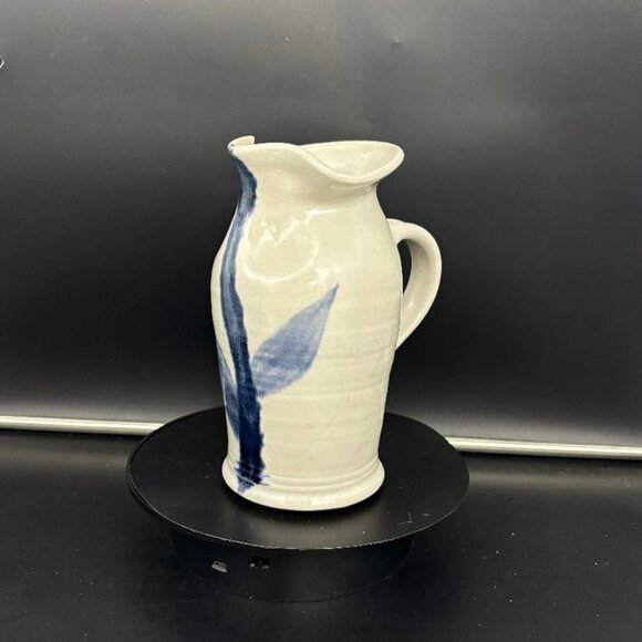 Vintage Pottery Hand Turned Salt Glaze Blue Leaf Pitcher Vase 7.5" - Picture 10 of 12